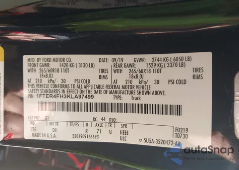 2019 Ford Ranger Lariat из США, поврежденный, VIN 1FTER4FH3KLA97499